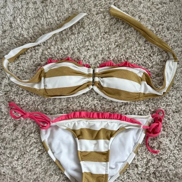 Gold Striped Bikini with Pink Accents S/M - Picture 1 of 8